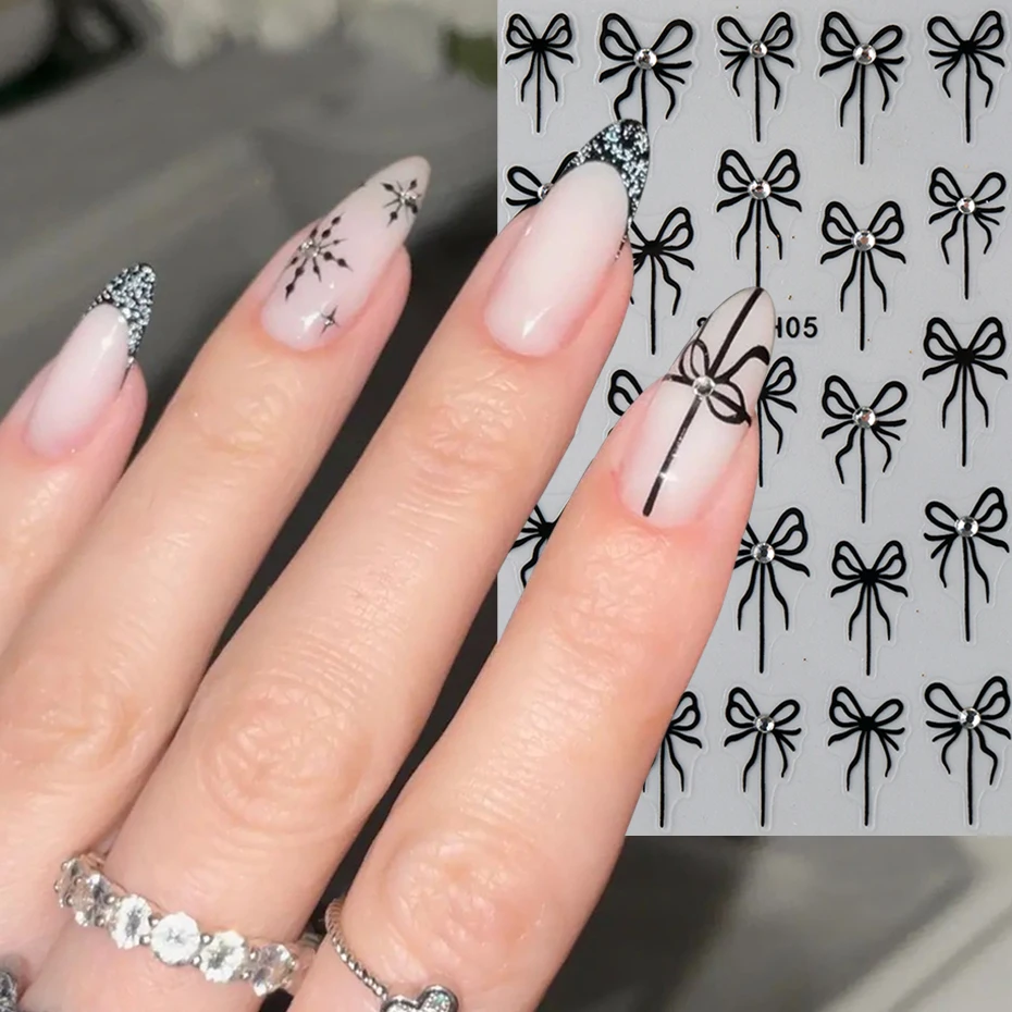 2개 3D 라인스톤 리본 네일 아트 스티커 반짝이는 크리스탈 블랙 리본 접착 장식품 새해 DIY 네일 용품