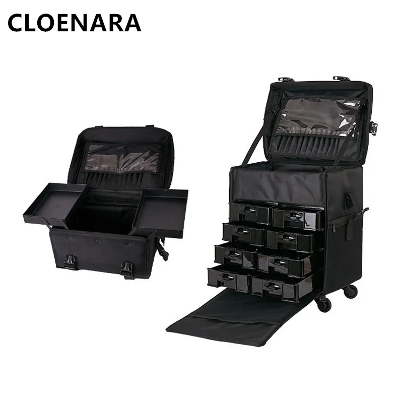 COLENARA New Style Makeup Box Women\'s Beauty Manicure Toolbox Oxford Cloth Large Capacity Two-in-one Trolley Rolling Makeup Box