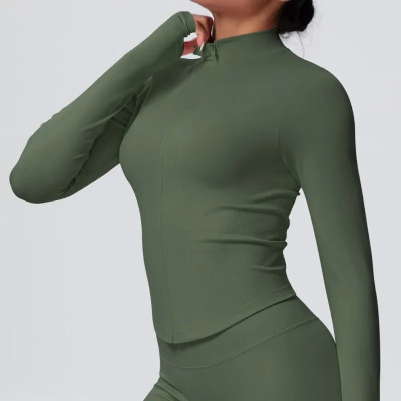 

Новая женская бесшовная куртка для йоги с воротником-стойкой на молнии и длинными рукавами, облегающая быстросохнущая куртка для бега на открытом воздухе, фитнеса, спортивного топа