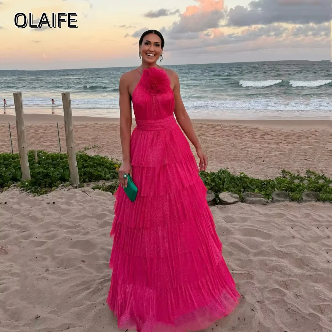 

Olaife Elegant Flowers Prom Dresses Glitter Layered Tulle Backless Evening Dresses Formal Party Dresses Robes De Soirée