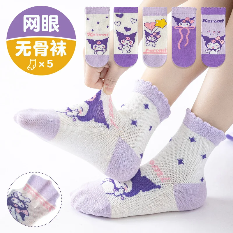 5 pares de calcetines Sanrio Kuromi para niños, calcetines finos transpirables de malla de algodón a media pantorrilla con bonitos dibujos animados para niñas, regalos de 1 a 12 años