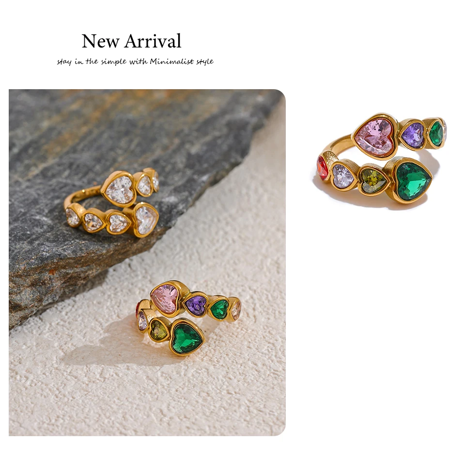 Yhpup Zarte Zirkonia Herz Edelstahl Gold Farbe Einstellbar Mode Offenen Ring Hohe Qualität Chic Charm Schmuck – Detail 12