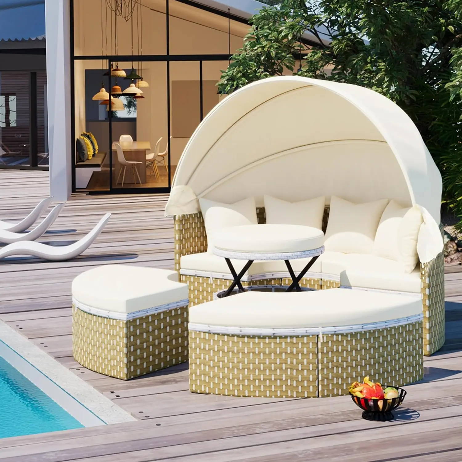 

LUMISOL Patio Round Outdoor Sectional Sofa Set with Retractable Canopy, Rattan Daybed Two-Tone Weave Sunbed, Separate Seating an