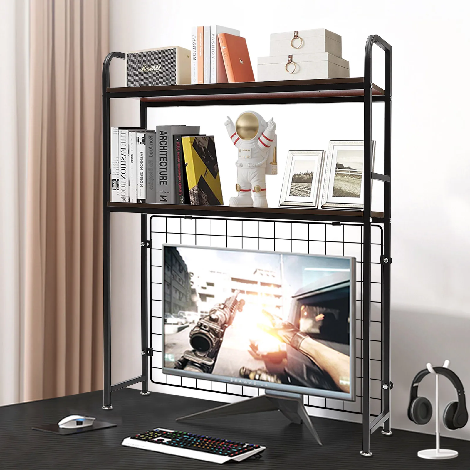 

Desktop Bookcase 2-Shelf Storage Rack, Sturdy Steel, Large Capacity, Easy To Install, For Living Room, Dorm, Store Decor