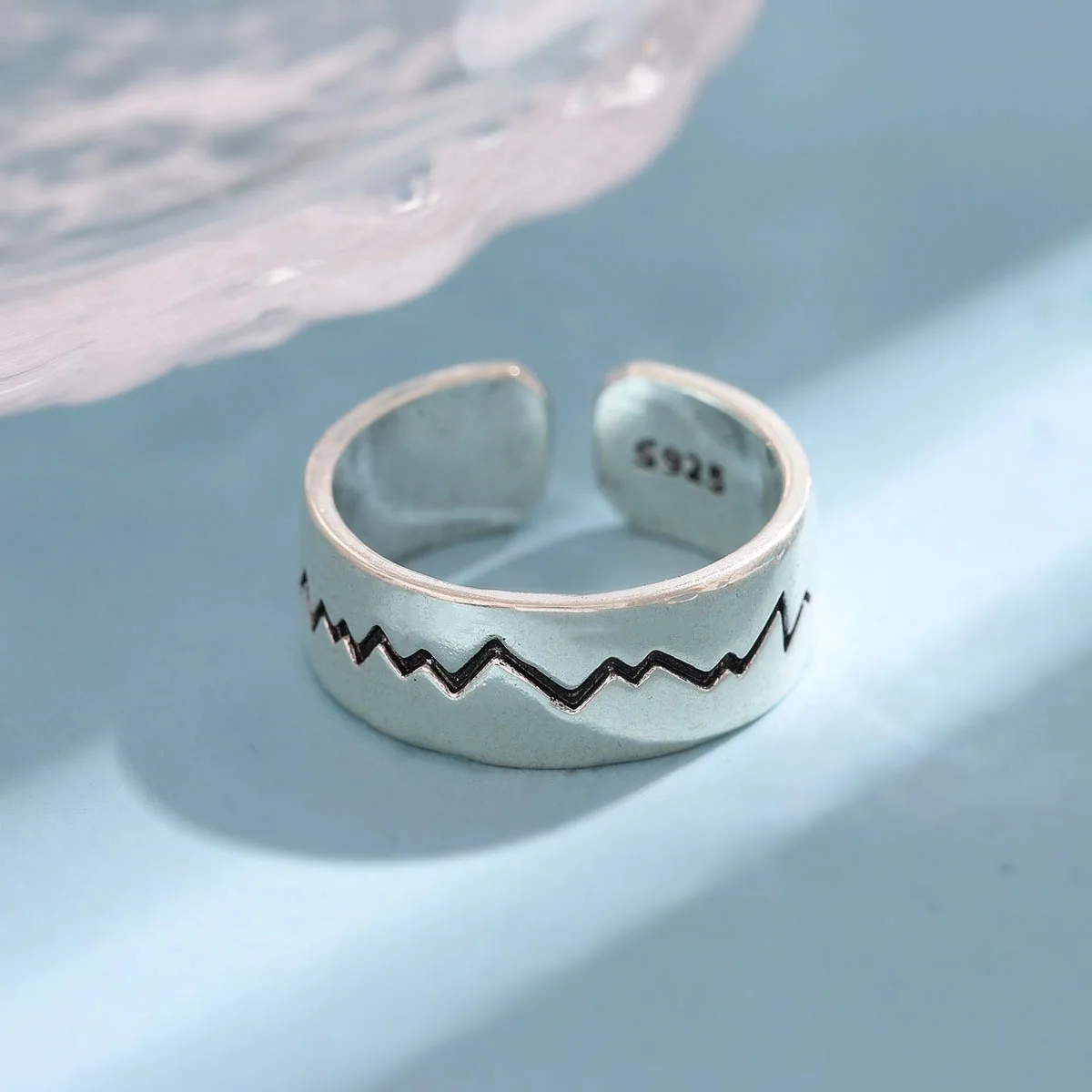 New Fashion Wave Texture Smooth 925 Sterling Silver Jewelry Personality Electrocardiogram Shaped Opening Rings R276