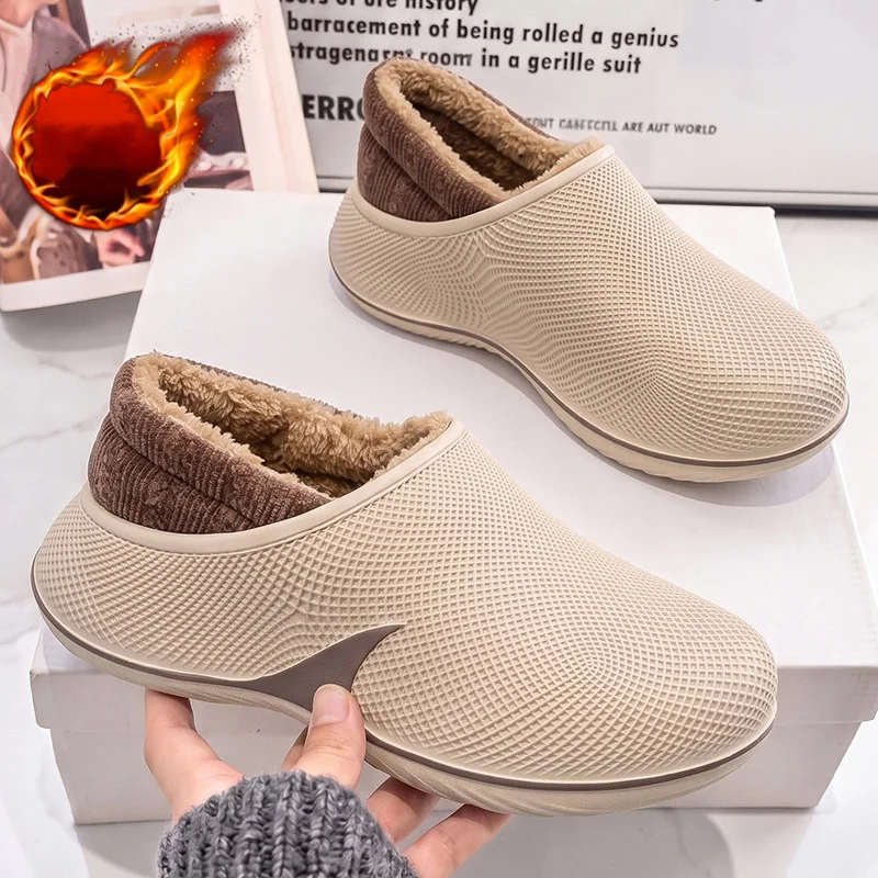 Men's All-Inclusive Autumn and Winter Fleece-Lined Cotton Shoes with Eva Integrated Waterproof Upper, Thick Plush Non-Slip Soft Sole for Home and Outdoor Use, Warm Cotton Slippers