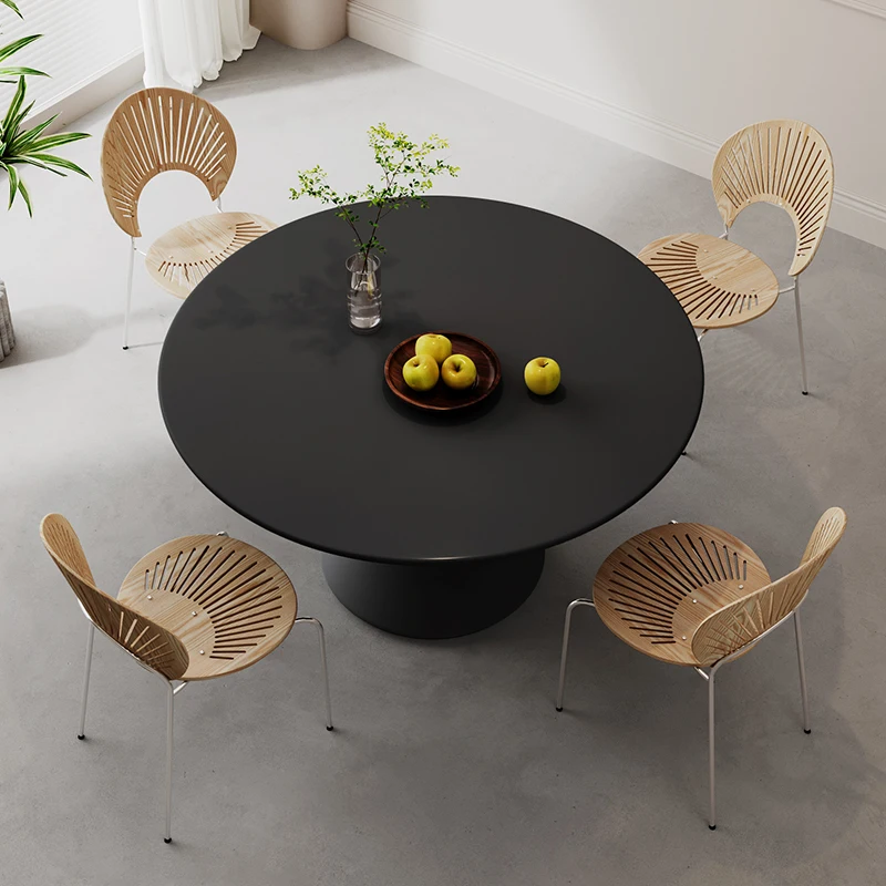 

！@Pure White Matte Board Circular Dining Table Chair Combination Adjustable Features Modern Minimalist Design Metal Legs for