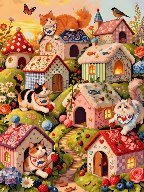 Cute Cat 500/1000/1200/2000PCS Jigsaw Puzzle Whimsical Fairy Cottage Floral Garden Stress Relief Hobby Toy for Puzzle Lovers