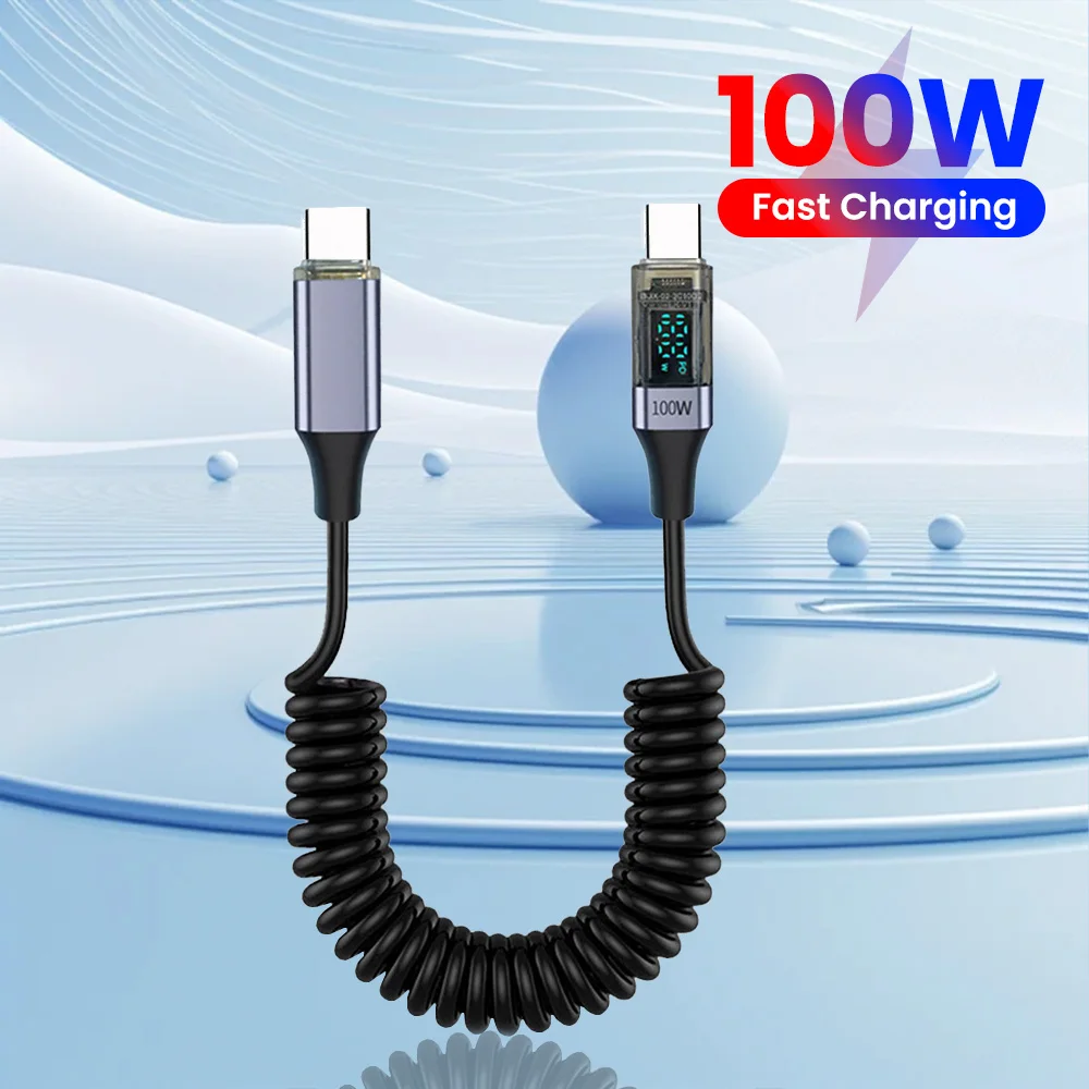 

100W 90 ° Elbow Short Cable Type-C to Type-C Mobile Power Supply Digital Display Spring Fast Charging Cable Huawei iPhone 15