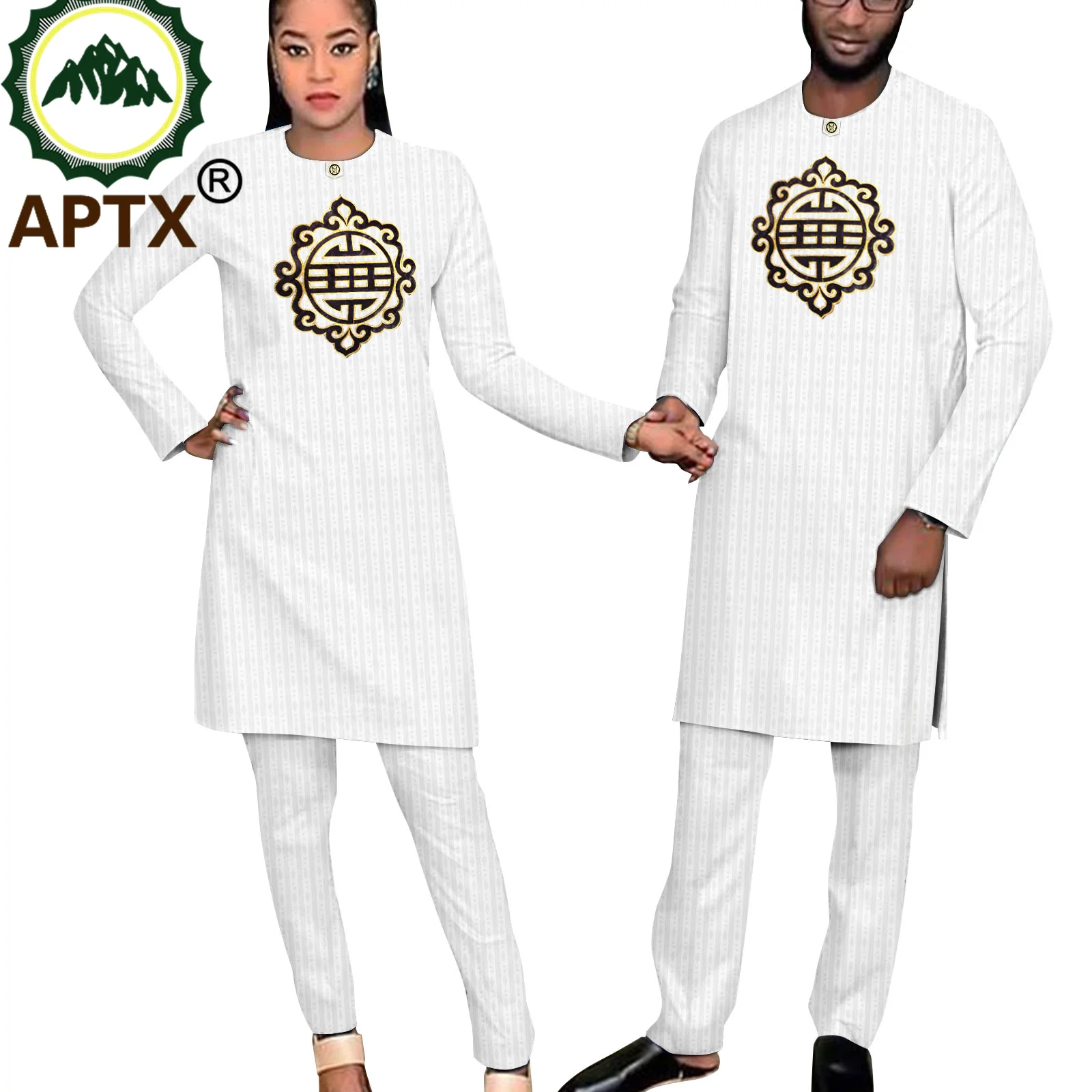 African Couple Matching Set Dashiki Wax Embroidery O-neck Long Shirt Pants Two Piece Suit for Men Women Lover Clothes T23C012