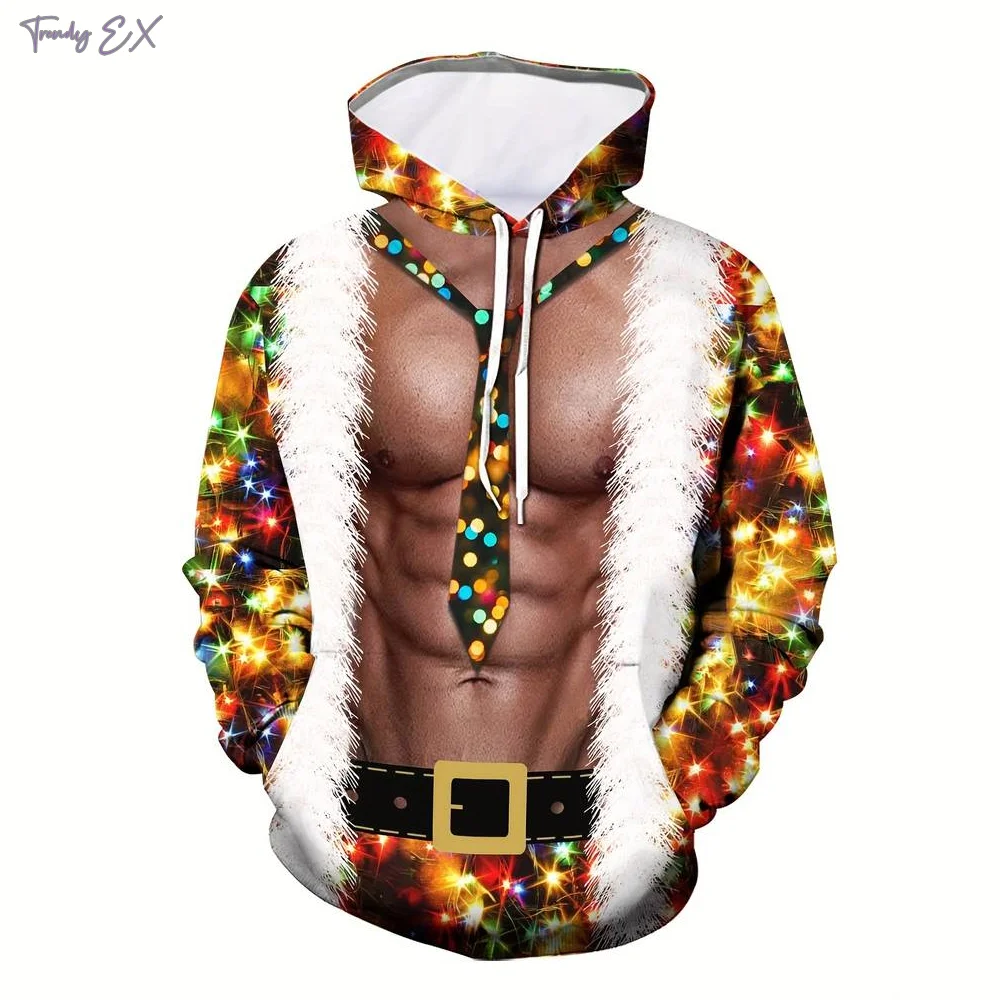 Christmas Men\'s Sweatshirt 3D Fitness Abs Print Outdoors Sports Graphic Hoodie Harajuku Kangaroo Pocket Design Mens Clothing