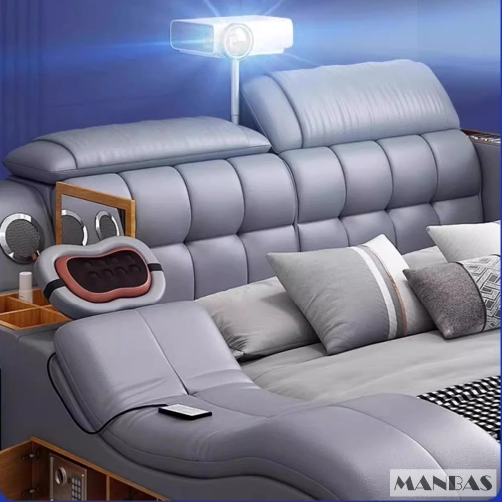 Linlamlim-Lit en cuir véritable King Size, lit intelligent module, lit multifonctionnel ultime, lit de massage avec USB, Corter, luxe