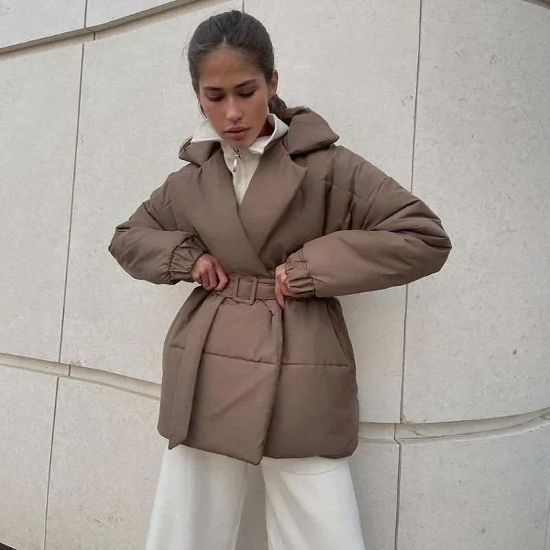 Collar Cotton Jacket European and American 2024 Winter New Item Thick Waisted Cotton Jacket Solid Color Belt Cotton Jacket