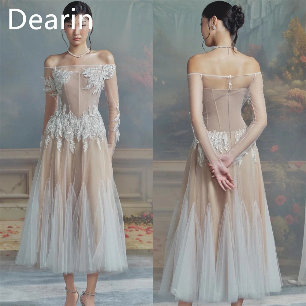 

Customized Prom Gown Dearin Off-the-shoulder A-line Tea Length Skirts Tulle Applique Bespoke Occasion Dresses Saudi Arabia Forma