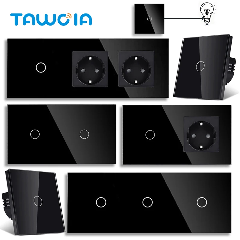 TAWOIA 1/2/3Gang Stair Touch Switches 1/2/3Way Pass Through Switches Plus EU Power Socket 20W Type-C USB Plugs Black Glass Panel