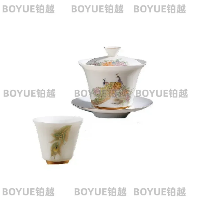 Vegetarian suet jade porcelain Fuyou Danque tea set cover bowl Xishi pot white porcelain tea set gift box business souvenir