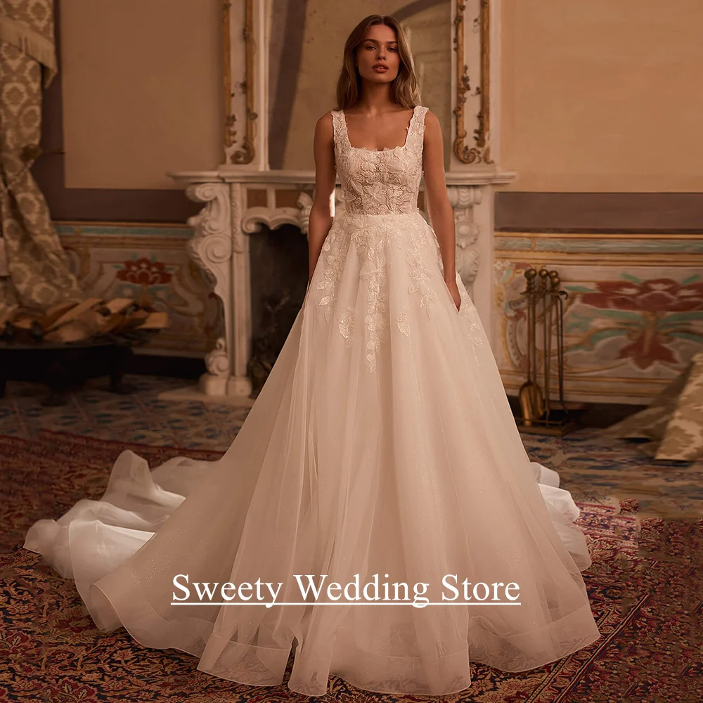 Gorgeous Wedding Dress Customized Sleeveless Square Neck Sequined Applique Court Train A Line Woman Bridal Gown Bride