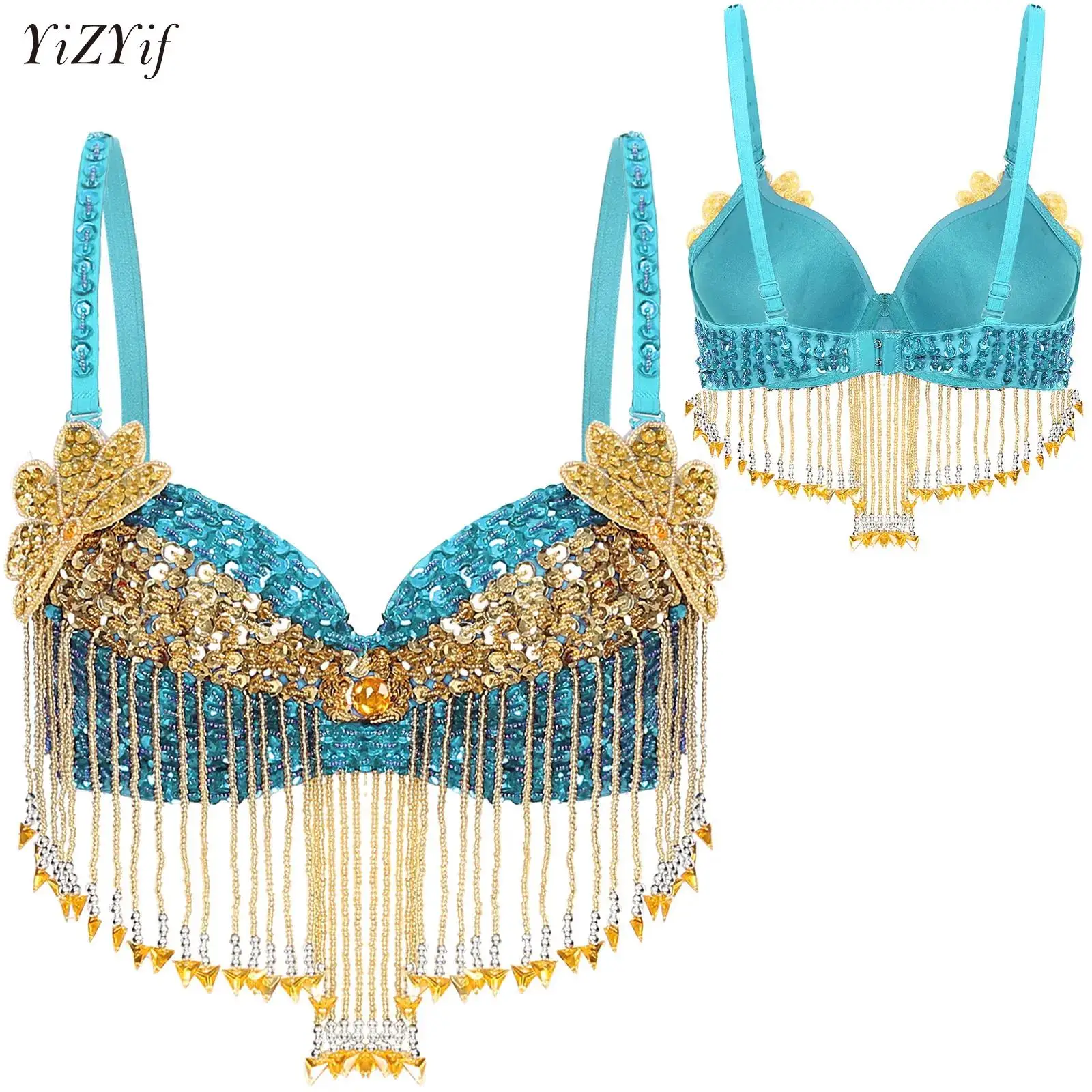 

Womens Sparkly Sequins Belly Dance Tops Adjustable Straps Plastic Beaded Tassels Underwired Bra for Halloween Performance