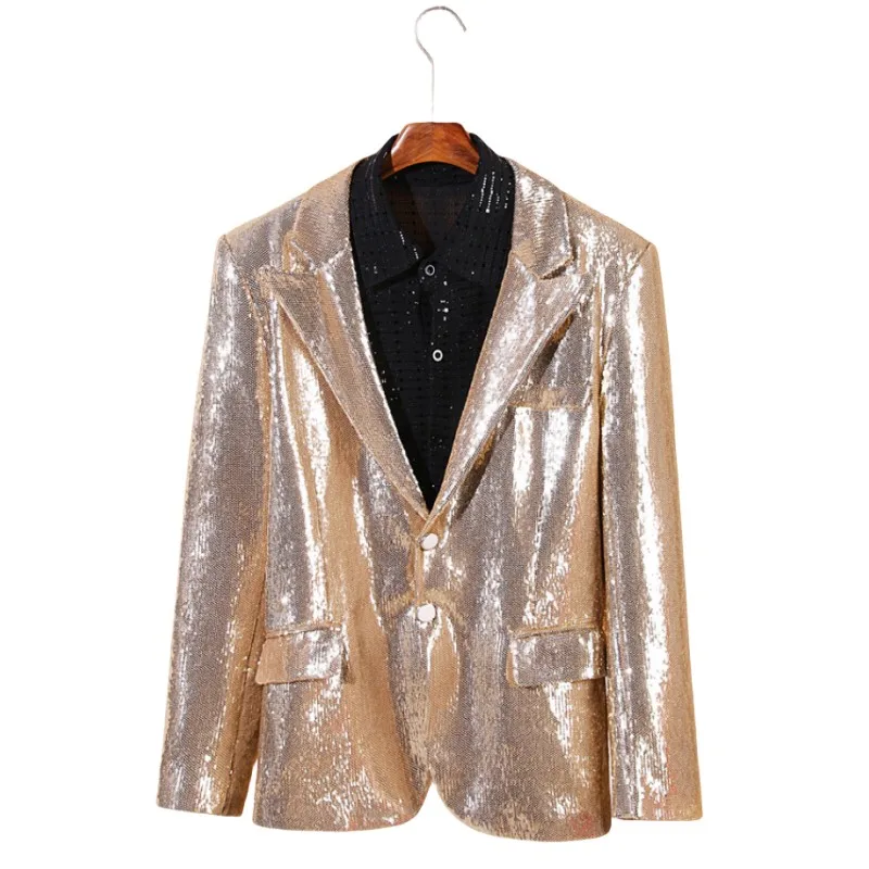 Men's Champagne Gold Sequin Blazers Casual Suit-style Jacket Party Bar Stage Show Singer Concert Performance Shiny Suit Coat