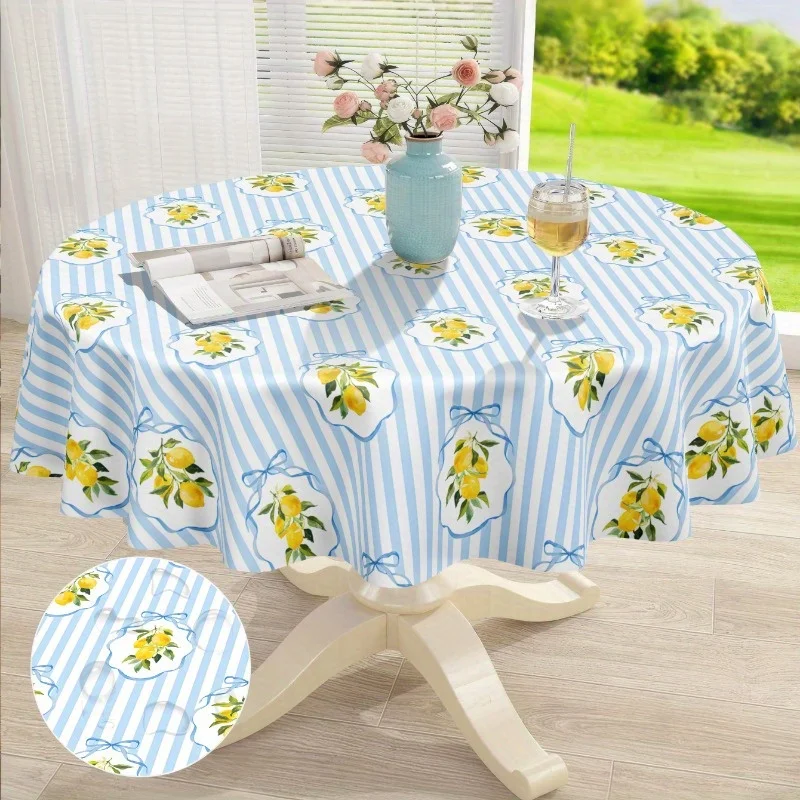 One round tablecloth with lemon stripes, made of polyester fiber, in Bohemian style.