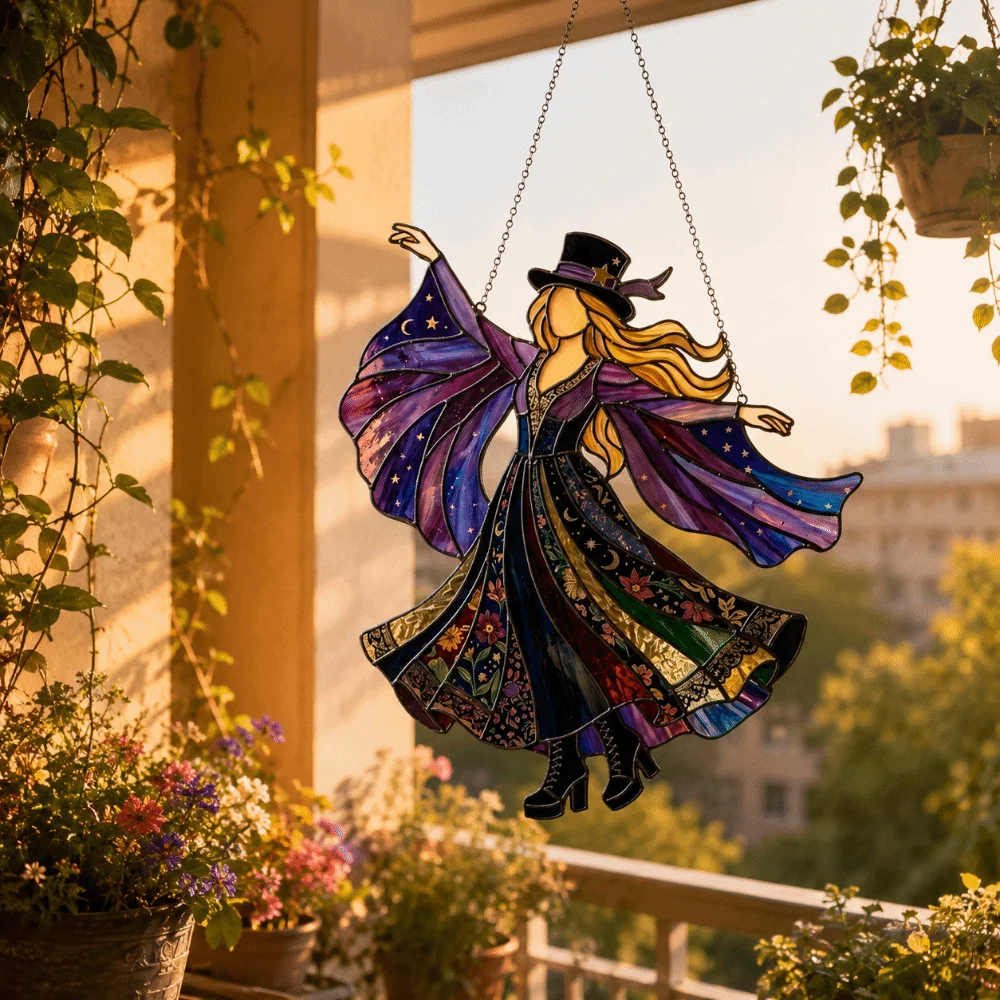 Vintage Dancing Lady Window Pendant Acrylic Halloween Wind Spinner Home Decor Gothic Witch Style Hanging Suncatcher Patio