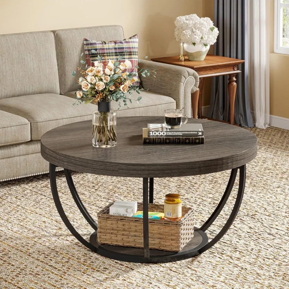 Round Coffee Table, Industrial Circle Coffee Table with Storage Shelves, Modern Wooden Accent Center Table for Living Room