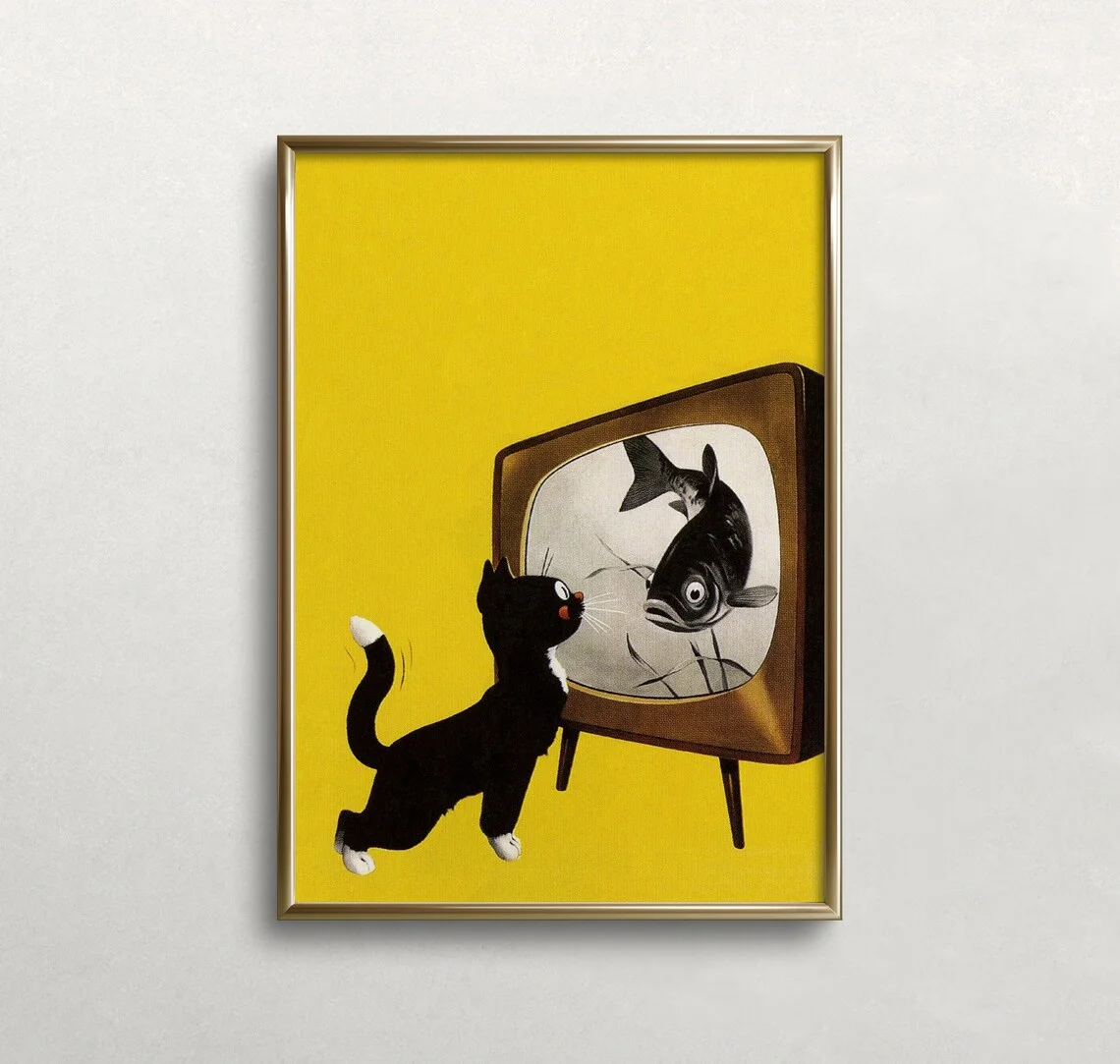 Mid-Century Modern Cat & TV Wall Art - Playful Graphic Print of a Curious Black Cat Staring at a Fish on a Retro TV, Bold Yellow