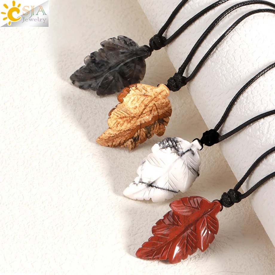 CSJA Natural Stone Leaves Pendant Necklace for Women Healing Hand Carved Crystal Necklaces Man Jewelry Halloween Gift H246