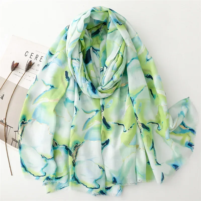 

Four Seasons Printed Cotton and Hemp Texture Scarf Flower Ink Painting Tassel Silk Scarf Warm Shoulder Wrap