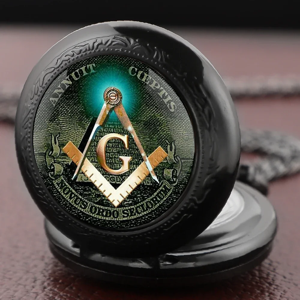 Enigmatic Freemasonry Glass-Dome Pocket Watch Necklace Arabic-Numeral Dial Vintage Unisex Pendant With Chain