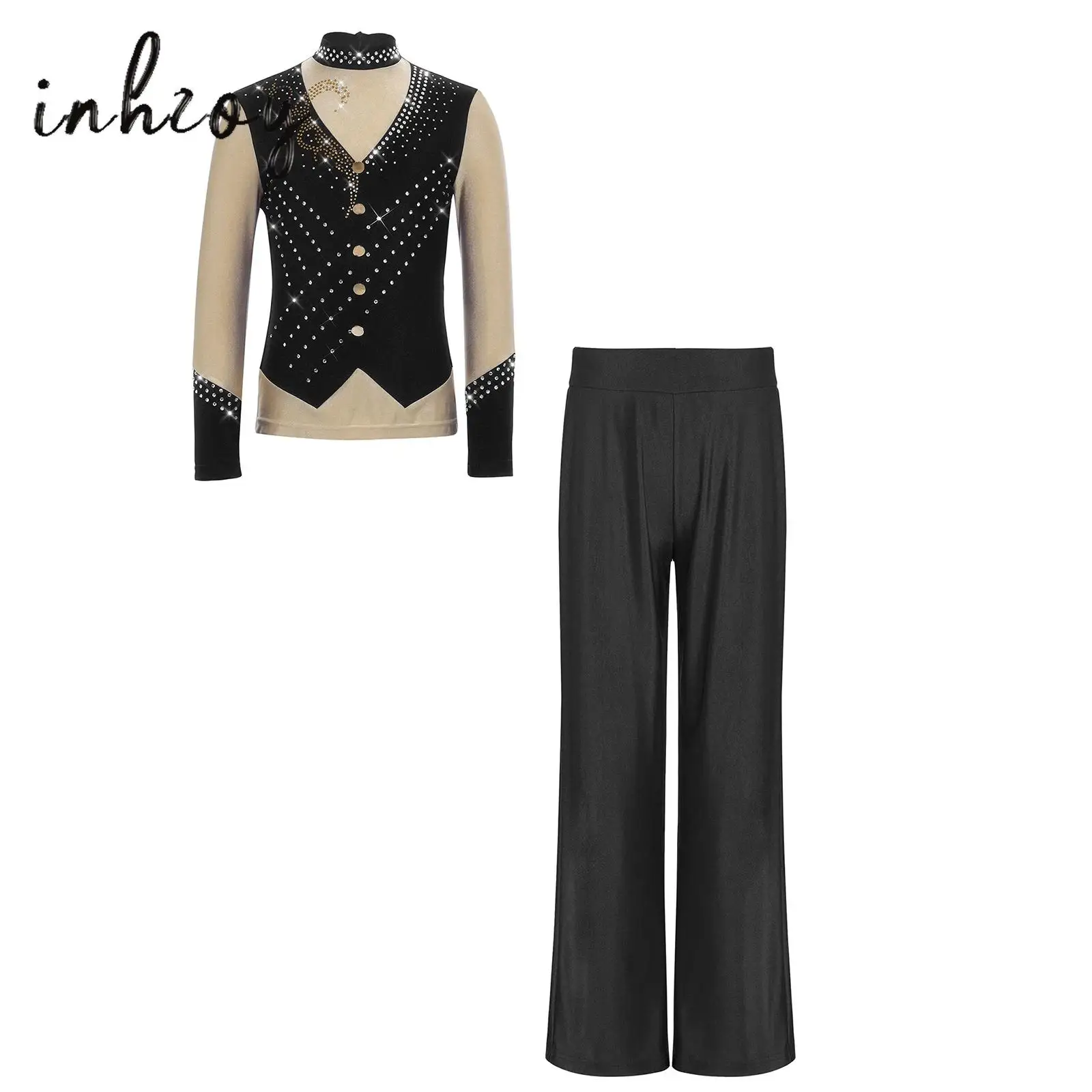 

Kids Boys Shiny Rhinestone Figure Ice Skating T-Shirts Long Sleeve Latin Dance Tops+Pants Set Gymnastics Competition Dancewear