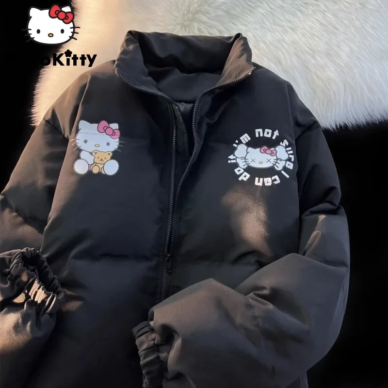 Sanrio Hello Kitty Fashion Cute Black Cotton Jacket Y2k Gothic Girls Winter Thickened Warm Cotton Padded Jacket Punk Down Coats