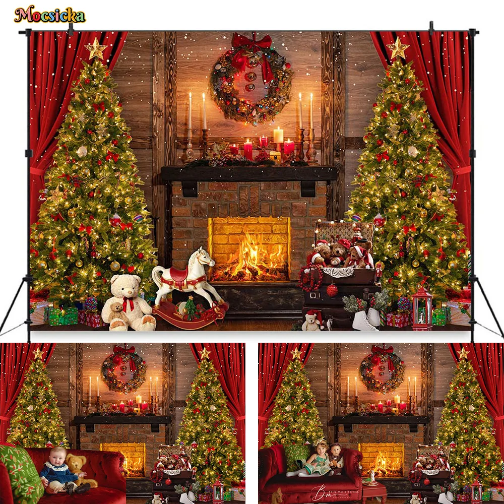 

Fireplace Photography Background Studio Christmas Tree Toy Bear Gift Backdrop Garland Red Curtain Booth Kids Family Winter Photo