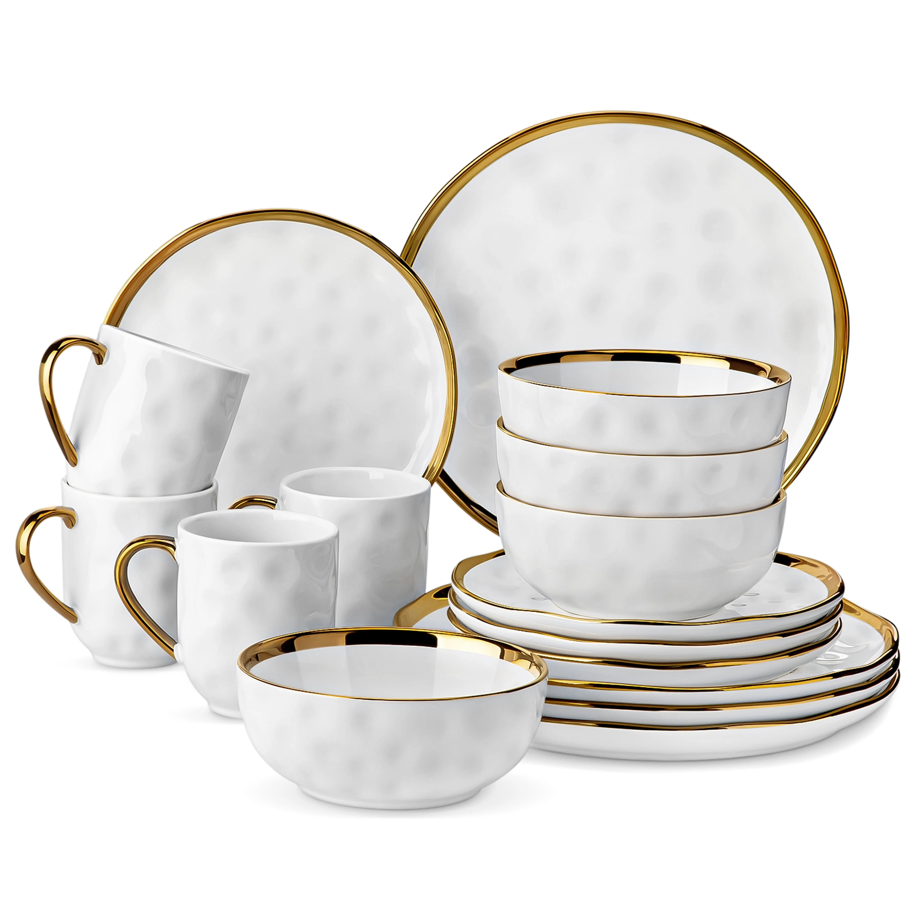 LOVECASA Juego de vajilla hecho a mano blanco de 16/32 piezas con adorno dorado Juego de piedra Plato de cena/Plato de postre/taza/juego de vajilla de cuenco