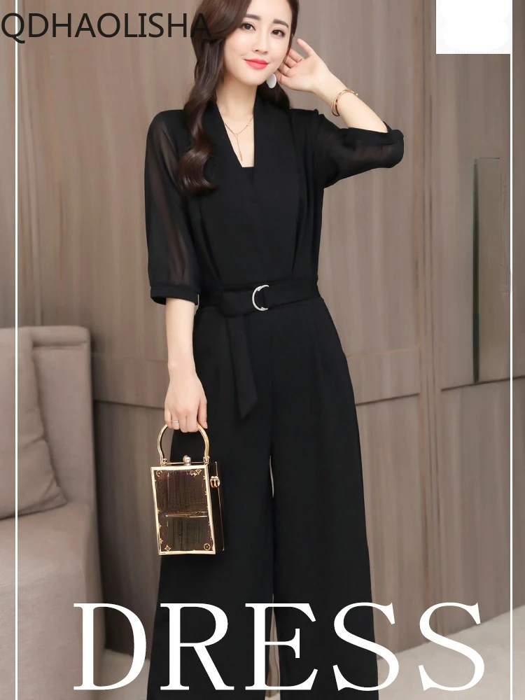 New in High Waist Jumpsuit Woman Clothes Korean Fashion Elegant Commuter Black Wide Leg Jumpsuit Set for Women Spring Streetwear