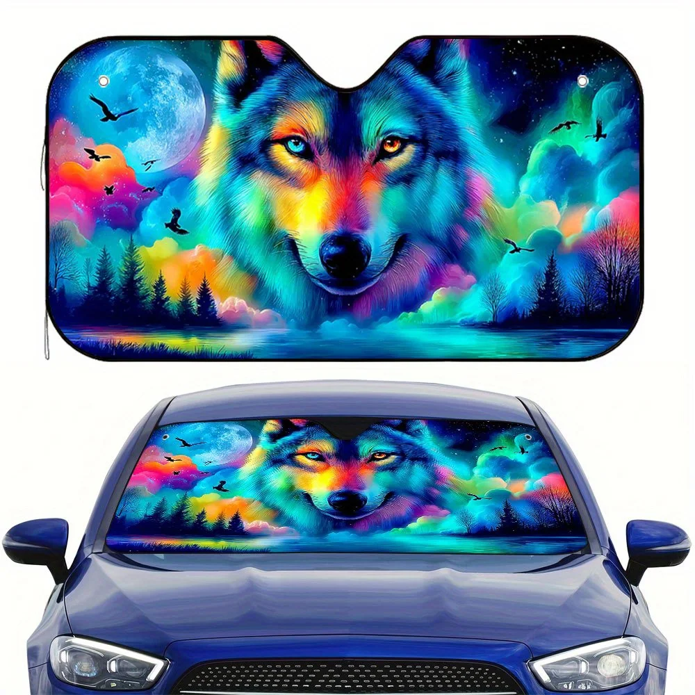 One Piece Of A Two-Dimensional Colorful Wolf Spirit Design Car Sunshade – Fashionable And Collapsible, Maintains A Cool Temperat