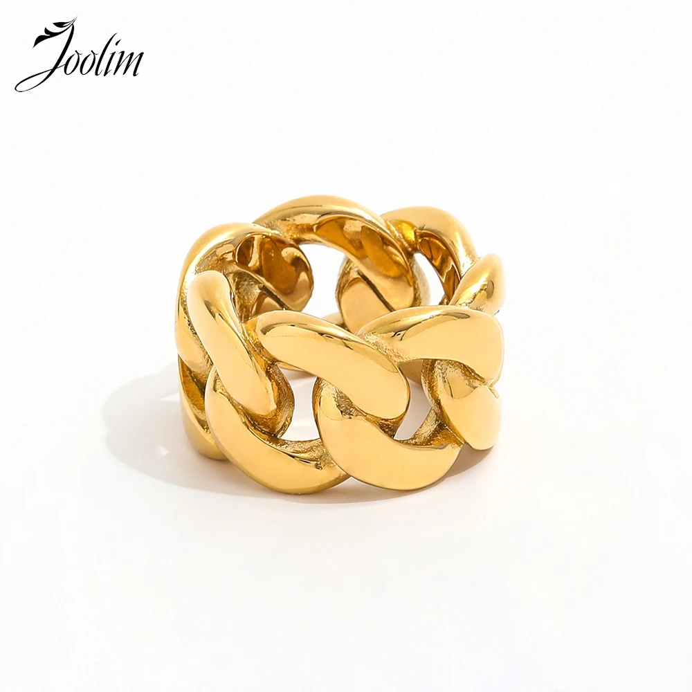 Joolim High End PVD Waterproof Fashion Personality Chunky Wide Chain Band Ring for Women Stainless Steel Jewelry Wholesale