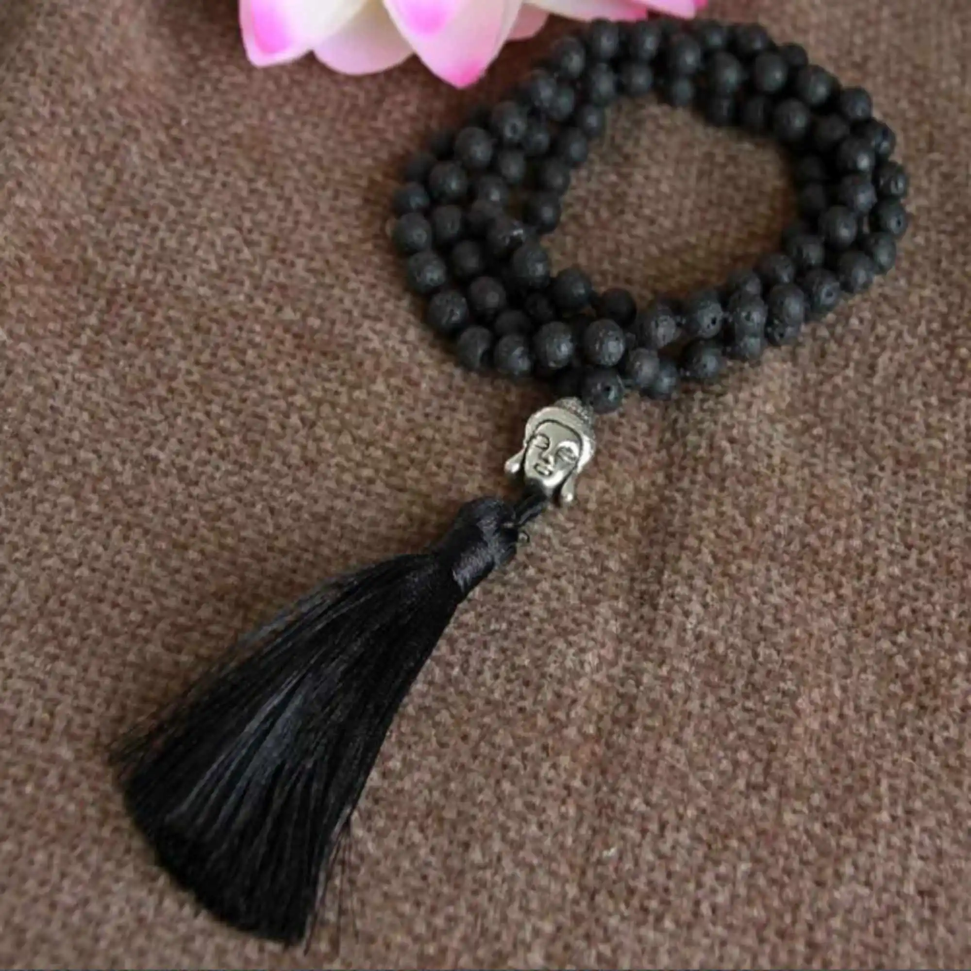 

8mm Natural knot 108 black lava stone Buddha head necklace Taseel Yoga Handcrafted Calming Spirituality National Style Prayer