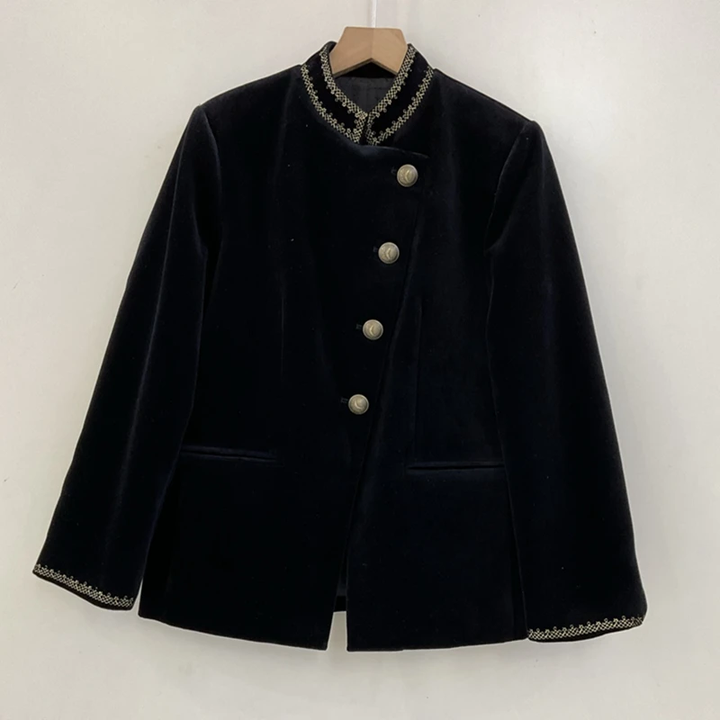 

Velvet jacket for women autumn and winter fashion personalized design diagonal buckle small stand up collarblack jacket