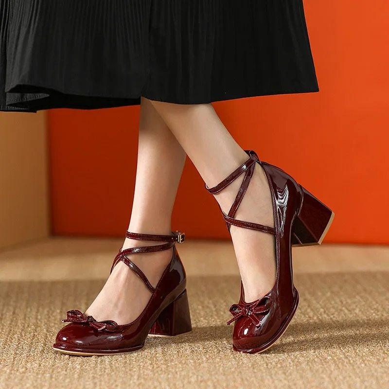 Red Mary Jane Women Pumps Thick High Heels Shoes Female Lolita Square Toe Shoes Spring Fashion Party Leather Woman Shoes New