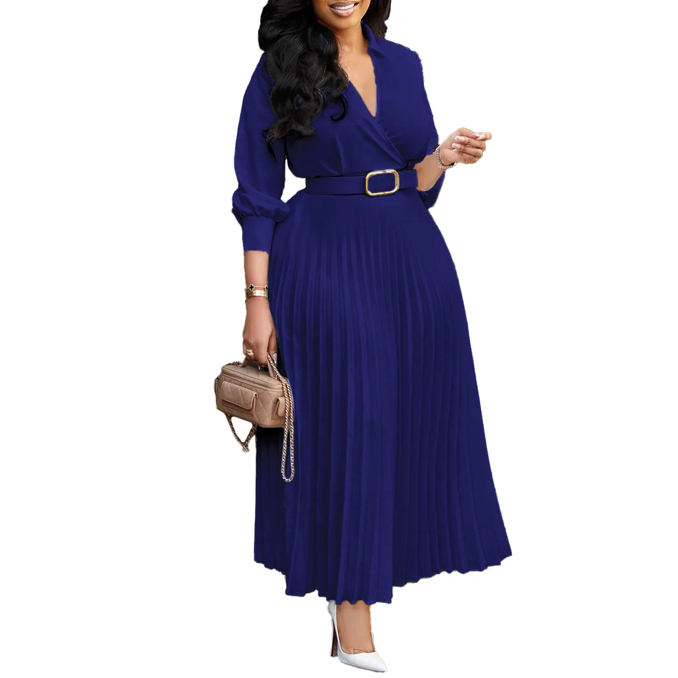 2024 Spring Plus Size Women Clothing Elegant Pleats Long Dress Full Sleeves Turn Down V Neck High Waist Shirt Dresses with Belt