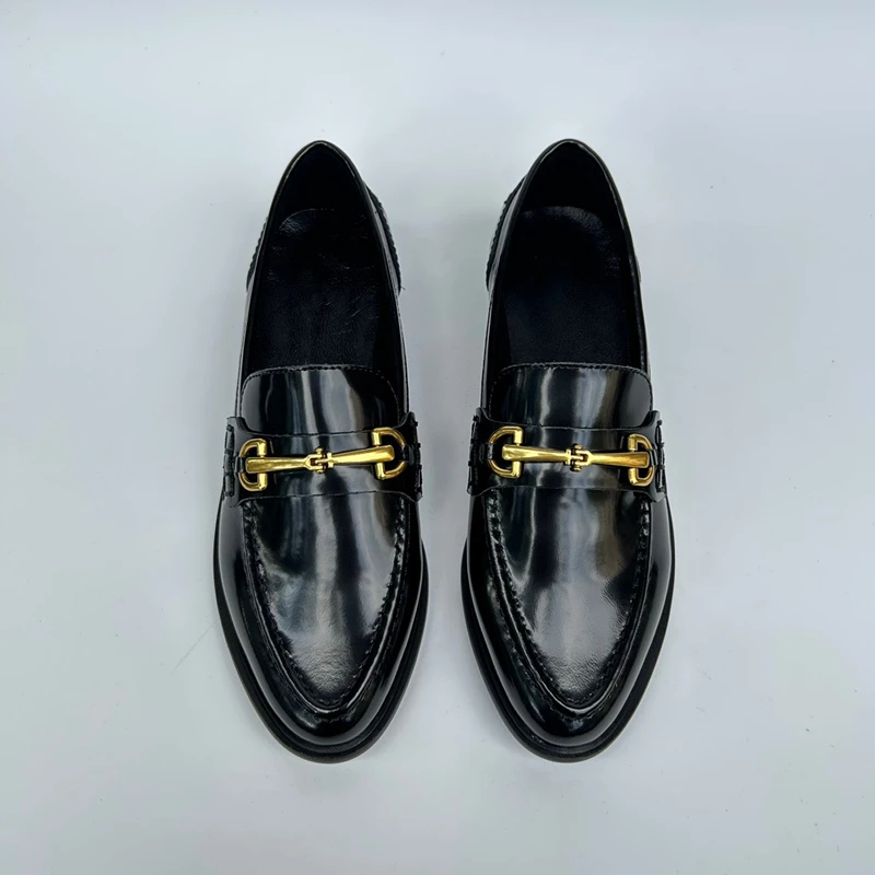 Jenny&Dave 2024 Autumn New Shoes Retro Black Leather Loafers Women Ladies British Fashion Metal Buckle Flat Shoes