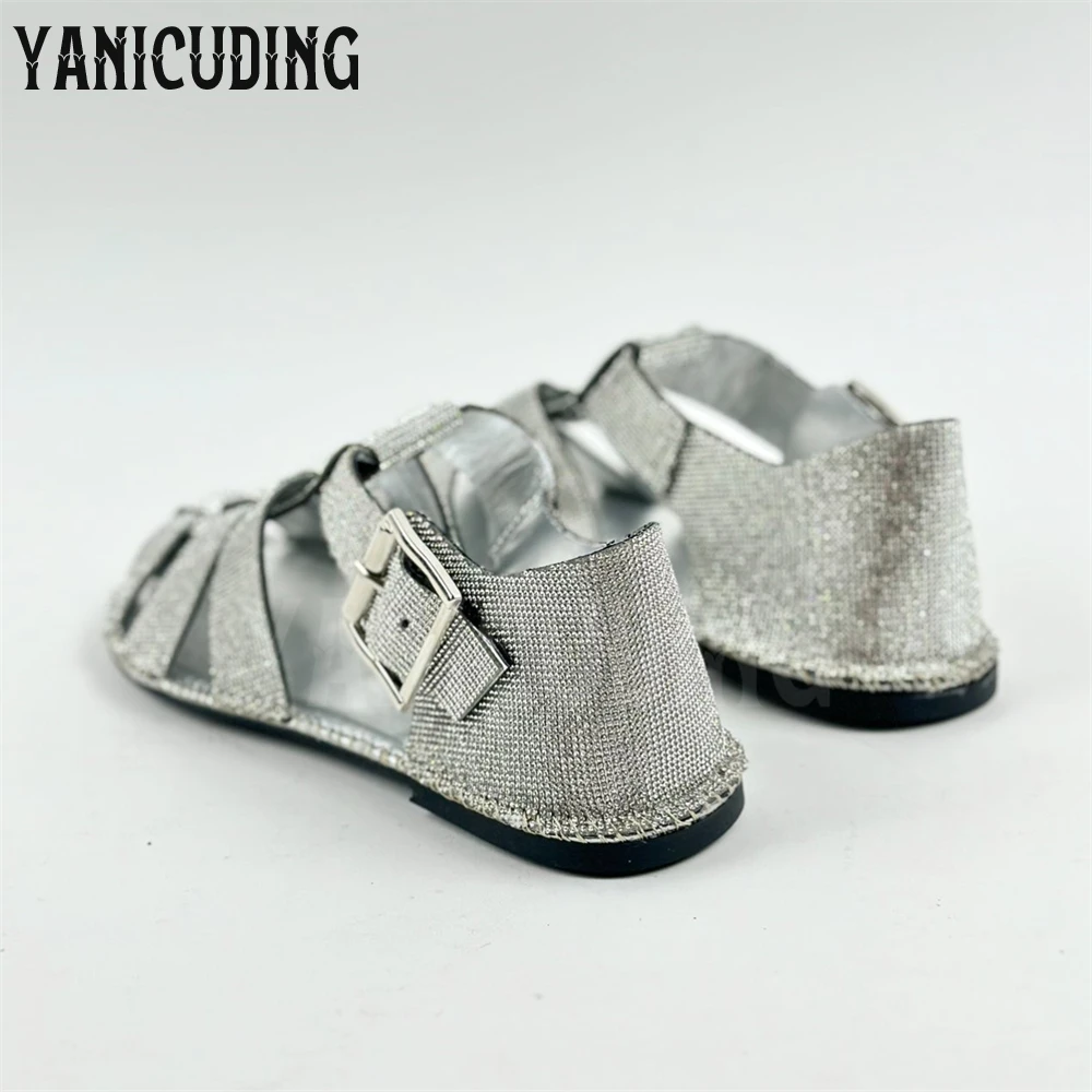 Full Rhinestone Flat Gladiators Silver Square Buckle Ankle Strap Sandals Comfortable Luxury Handmade Women Sandals Custom Colors