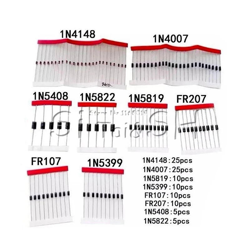 8values 100pcs 1N5399 1N5408 1N4148 1N4007 1N5819 1N5822 FR107 FR207 Switching Diode Component Diy Kit