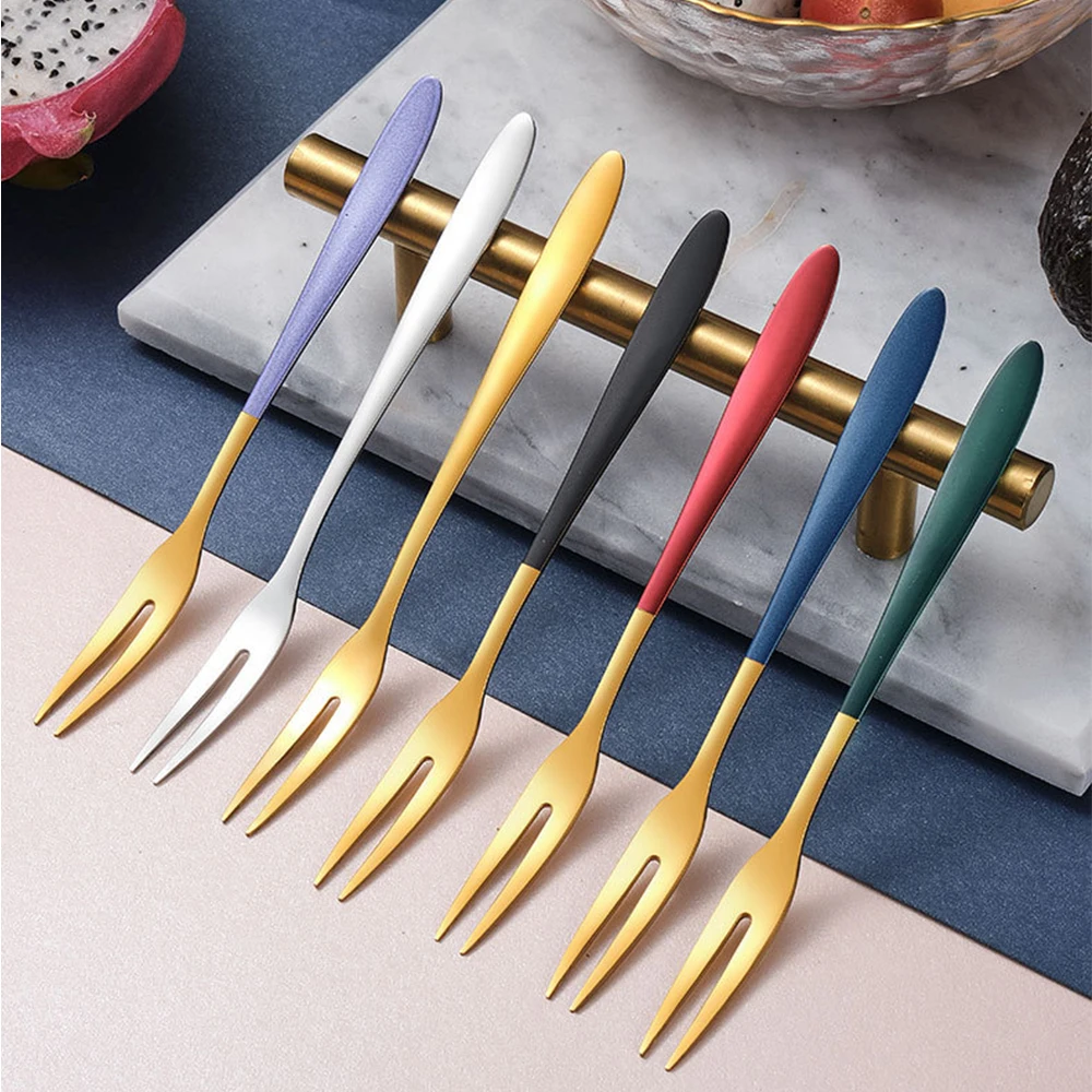 304 Stainless Steel Fruit Fork Snail Fork Dessert Cake Forks Salad Fork For Party Kitchen Tableware Set Gold Two-tine Forks SET