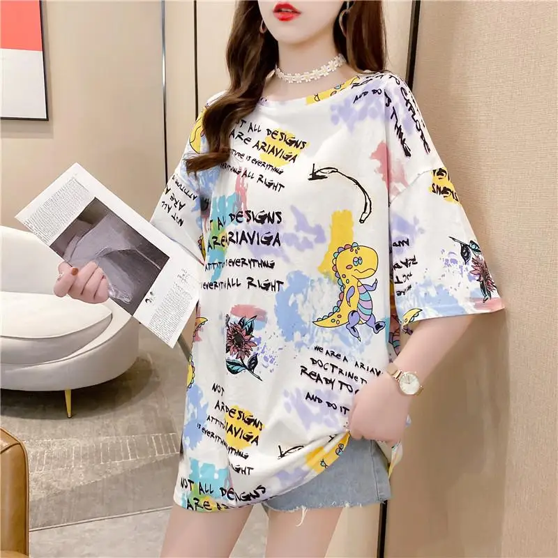 Summer Women Cartoon Print Oversized Graphic Long T-shirts White Purple Y2k Tops Fashion Large Size T-shirt Harajuku Streetwear