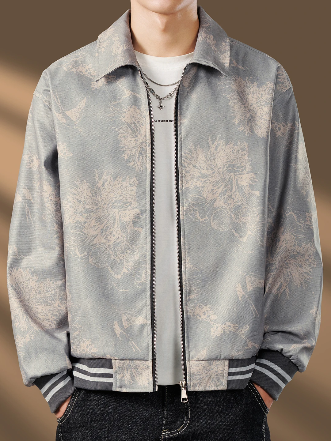 

European Sle Men's Jaet Outerwear Autumn Turn-down Collar Embroidered Casual Spor Versatile Polyester Fiber Zipper Closure