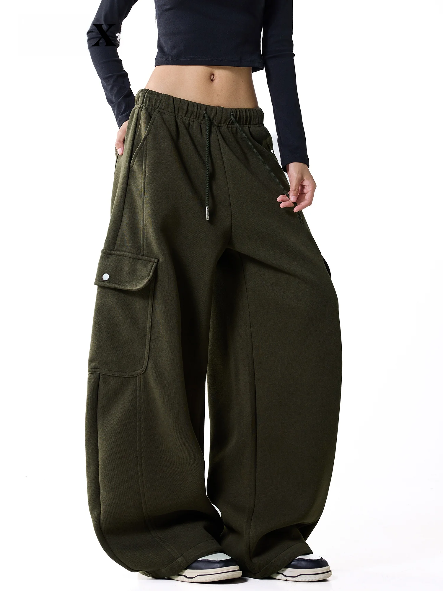 Casual Wide Leg Work Pants Women's Bend Knife Military Green Multi Pocket Sports Sweatpants Trousers Drawstring Elastic Waist