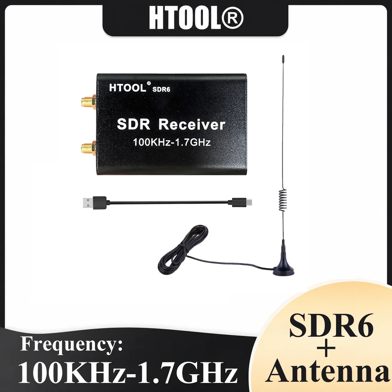 HTOOL SDR6 RTL2832U USB Radio Receiver with Antenna High Sensitivity Fit Gqrx 2.17.5 FM WFM Signal Reception