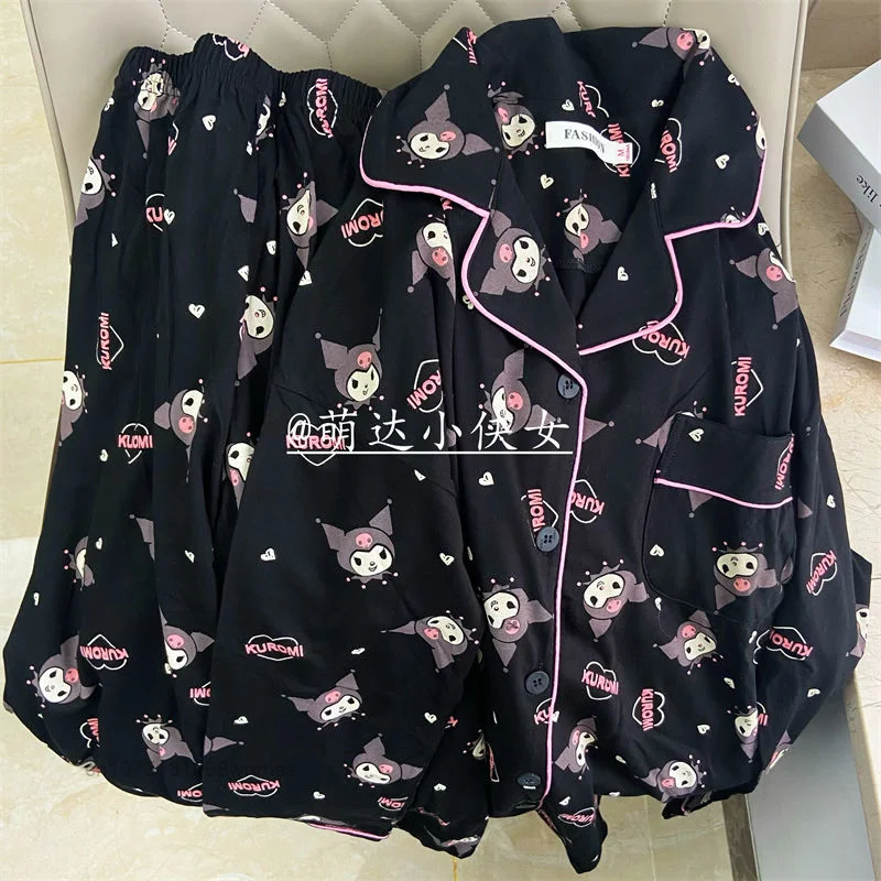 Sanrio Black Kuromi Hello Kitty Pink Pijamas Set Y2k Women\'s Casual Loose Summer 2 Pcs Pyjamas Suit Home Clothing